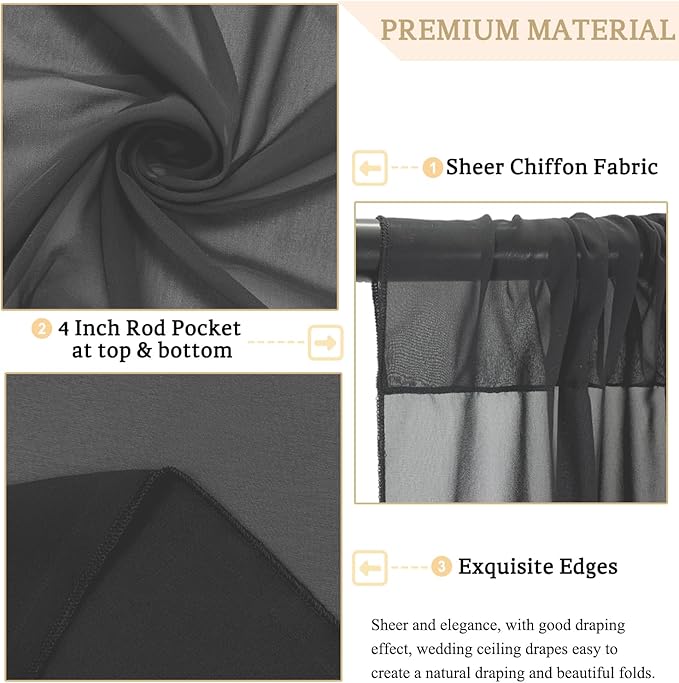 MODFUNS Black Ceiling Drapes Wedding Arch Draping Fabric 5x20ft 6 Panels Chiffon Sheer Ceiling Curtain Elegant Ceiling Draping Fabric for Wedding Ceremony Party Ceiling Decoration