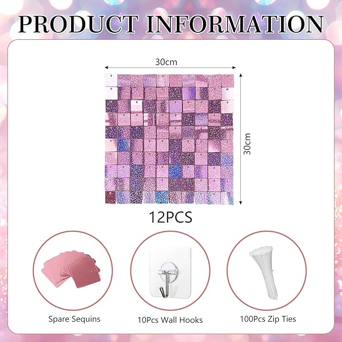 12PCS Light Pink Shimmer Wall Backdrop, Laser Square Sequin Photo Backdrops Panel, Glitter Wall Background for Birthdays, Weddings, Christmas, Engagements, Disco Bachelorette Party Decor (3FTx4FT)