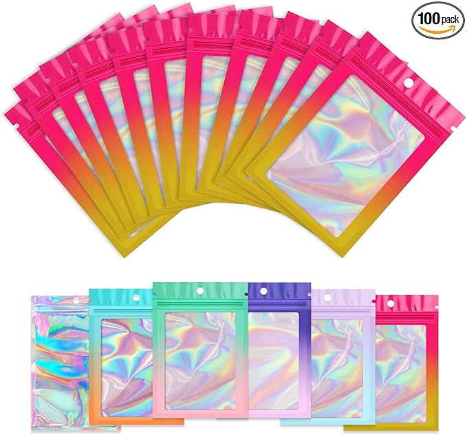 Funfery 100 Pack Gradient Holographic Bags,Mylar Resealable Bags with Zipper,Clear Window Packaging Pouchs,Smell Proof Foil Bag for Food Storage,Sample Jewelry Baggies(4×6In,Hot Pink Orange)