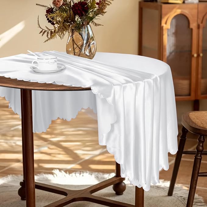 KKJIAF 1 Pack 108 Inch Round Table Cloth, White Overlay Round Satin Table Cover, Silky Satin Dining Tablecloths for Wedding Buffet Parties Banquet Decoration