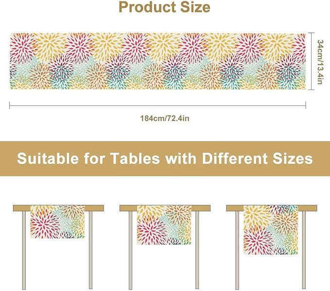 Abstract Flowers Table Runner, Chrysanthemum Dahlia Vintage Modern Colorful Spring Summer Elegant Table Runner for Party Kitchen Dining Living Room Laundry Room Decor, 13x90 Inch