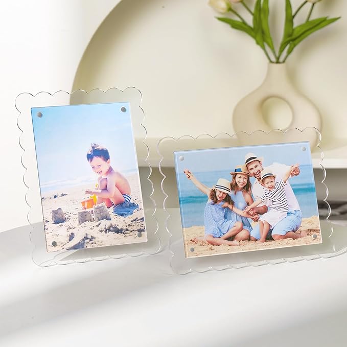 Cuspin 5x7 Acrylic Frames Set of 2 Scalloped Picture Frame, Clear Magnetic Acrylic Photo Frames with Dual Kickstand Holes for Vertical and Horizontal Display