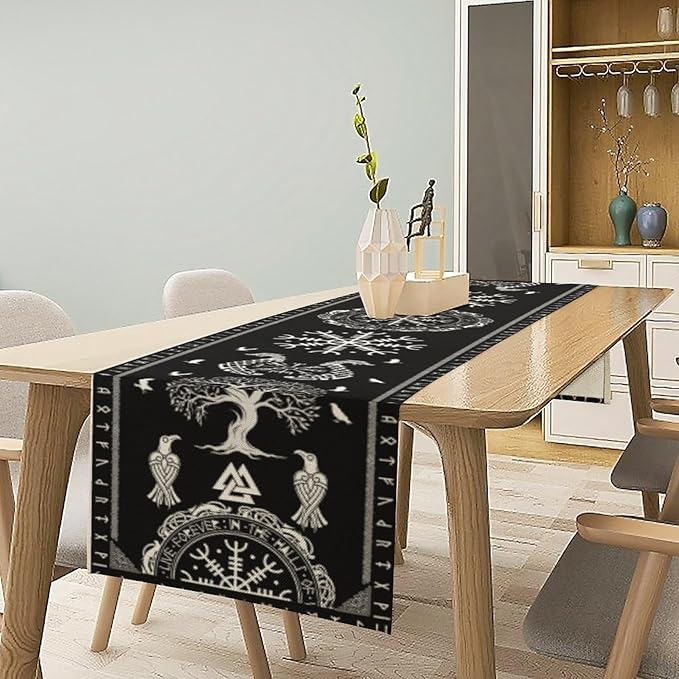 Ancient Abstract Pattern Table Runner, Tree of Life Eagle Dragon Boat Rudder Black and White Table Runner for Party Kitchen Dinner Cafe Bedroom Living Room Table Runner 13x120 Inch
