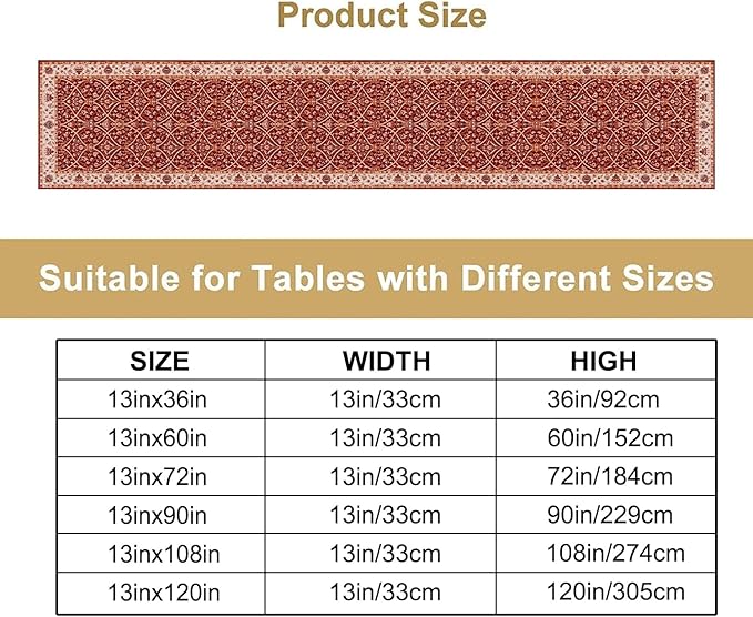 Boho Floral Vintage Table Runner, Red Retro Flower Rustic Country Farmhouse Abstract Pattern for Home Kitchen Table Decor Dining Coffee Room Party Decor 13x60in