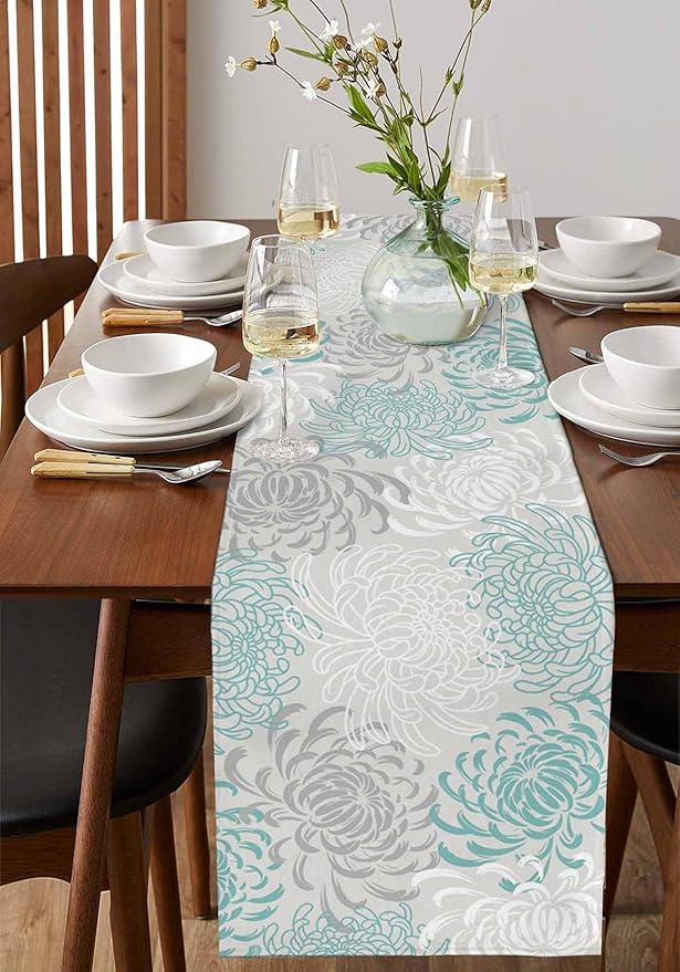 Auqa Chrysanthemum Cotton Linen Table Runner for Dining Kitchen, Wedding Outdoor Party Tablerunners Decoration, Farmhouse Floral Botanical Leaves Dresser Scarf Coffee Tablecloth Runners 13x90 Inches