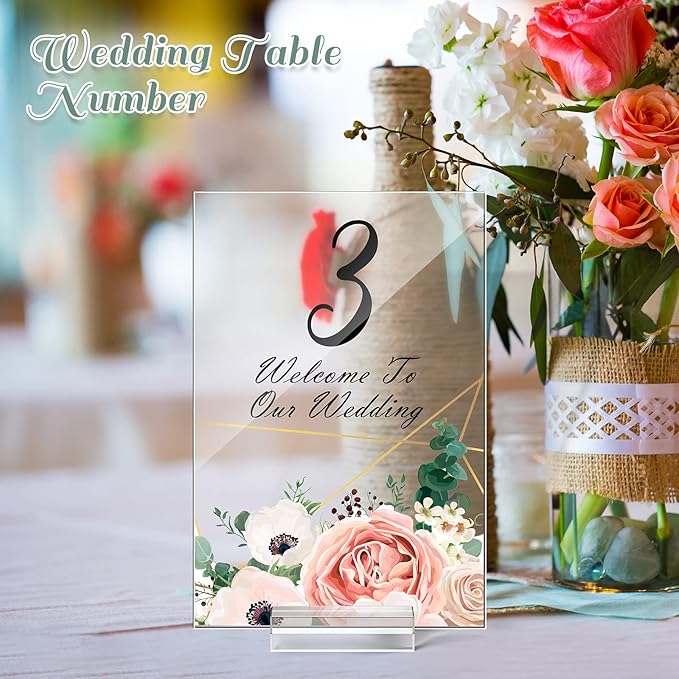 12 Pcs Clear Acrylic Place Cards with 12pcs Acrylic Holder Wedding Table Numbers with Centerpiece Stand Sign and Holder DIY Table Name Cards Plates for Wedding Reception Banquet Decors