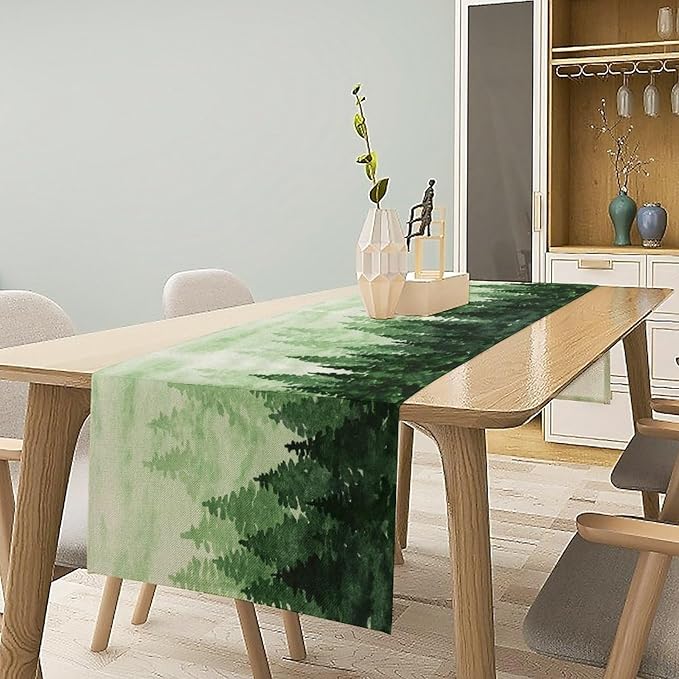 Foggy Forest Table Runner,Watercolor Wreen Misty Forest Landscape Table Runner for Kitchen Dining Table Home Party Decoration 13x60 Inch