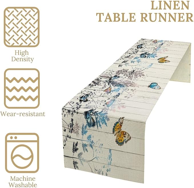 Nature Dandelion Table Runner,Rustic Floral Wood Plank Butterfly Girl Women Pattern Print Burlap Tablecloth for Hotel Indoors Outdoor Dining Room Kitchen Table Decor, 13x60in