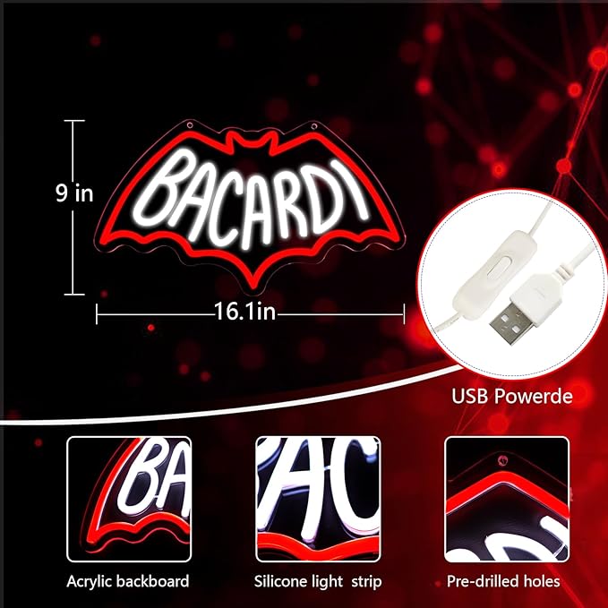 Bacardi Rum neon commercial sign for store wall decor，USB Powered Neon Bar Signs，Neon Lights for Man Cave, Bedroom, Home Bar, Store, Club, Bistro, Party, Gifts (Bar)