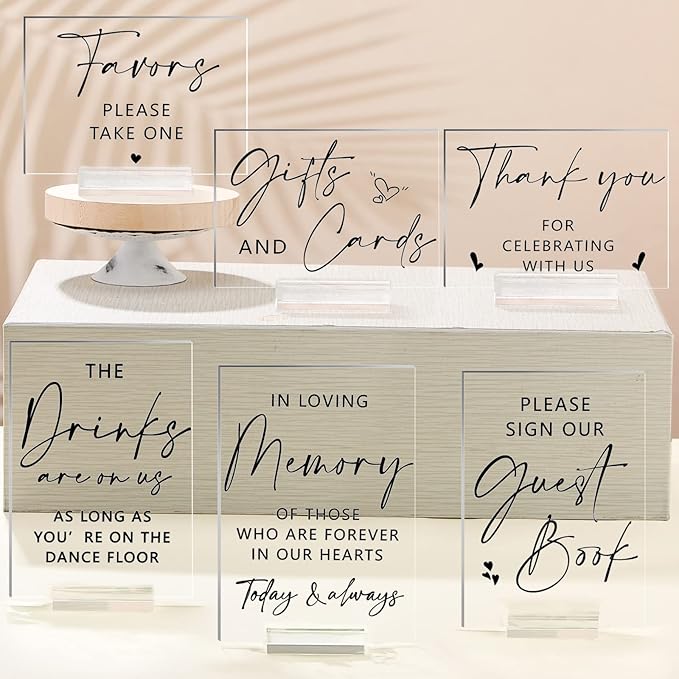 Weysat 6 Pcs Clear Acrylic Wedding Signs for Reception and Ceremony 5'' x 7'' Wedding Signage with Stand in Loving Memory Table Decorations Cards and Gifts Guestbook Reserved Table Sign(Classic Style)