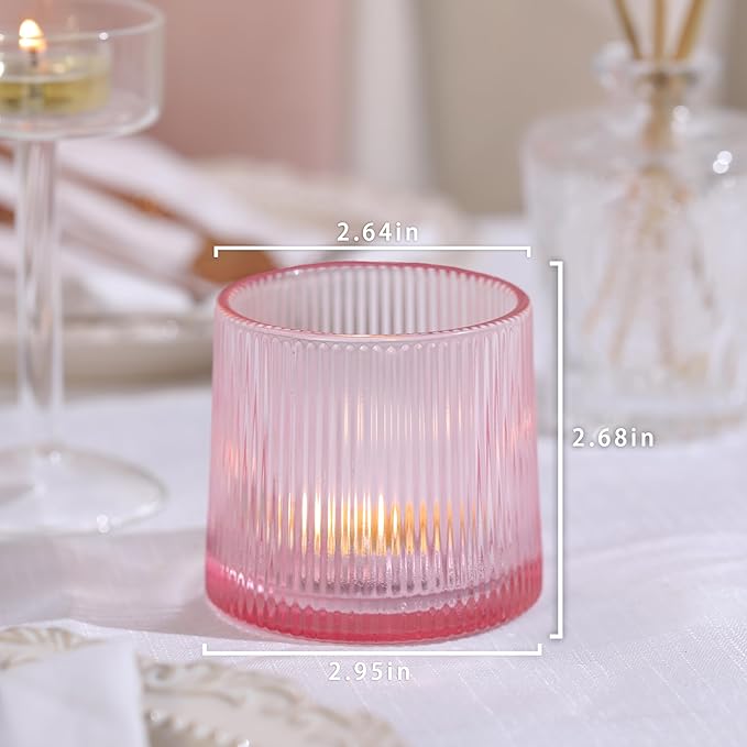 Pink Ribbed Tealight Votive Candle Holders- 6Pack Glass Candle Holders for Table Centerpiece, Home Decor, Wedding Decor, Party Dinner