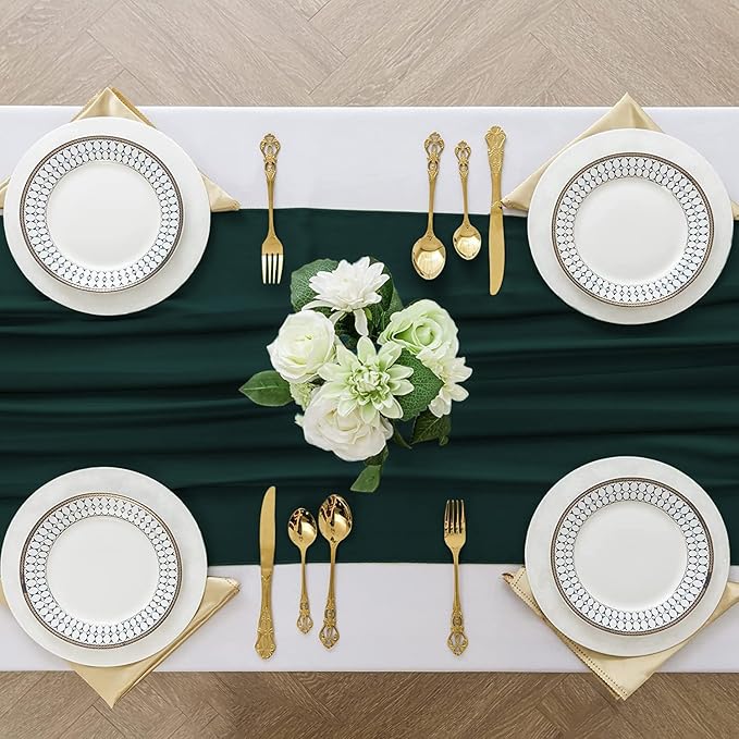 2 Pack 10 Ft Chiffon Table Runner Emerald Green Gauze Long Table Runners 27x120 Inches Sheer Tulle Table Runner for Rustic Wedding Reception Bridal Shower Decorations Birthday Party
