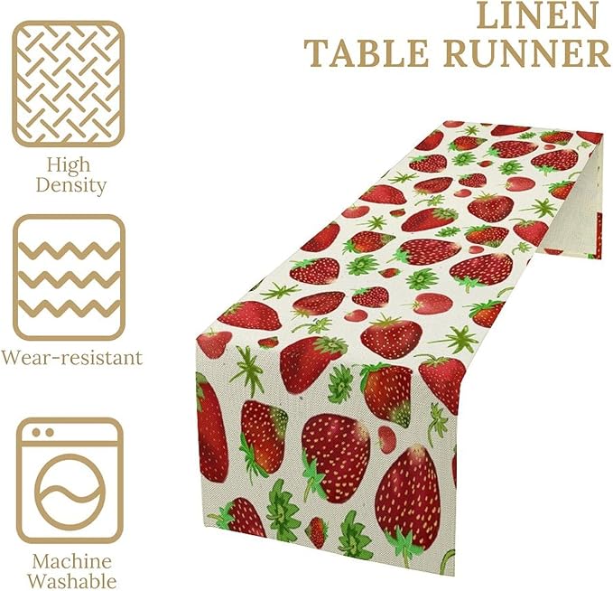 Strawberry Table Runner Spring Summer Fruit Wild Berry Forest Garden Dinner Runner for Girl Baby Shower Party Holiday Home Kitchen Dining Table Decor 13x36
