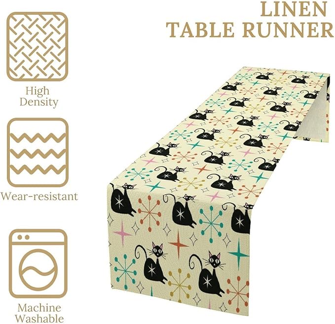 Mid Cat Table Runner, Vintage Black Cat and Atomic Stars 1950s 1960s Abstract Geometric Space Pattern Table Decoration for Home Kitchen Restaurant 13x90 Inches