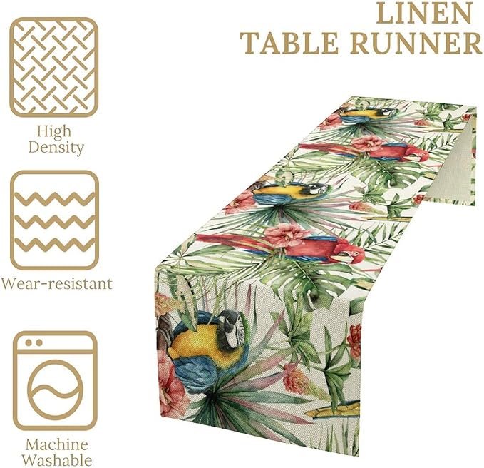 Parrot Table Runner,Tropical Palm Leaf Colorful Macaw Bird Watercolor Print Tablecloth Burlap for Hotel Indoors Outdoor Dining Room Kitchen Home Decor,W13X L108 in
