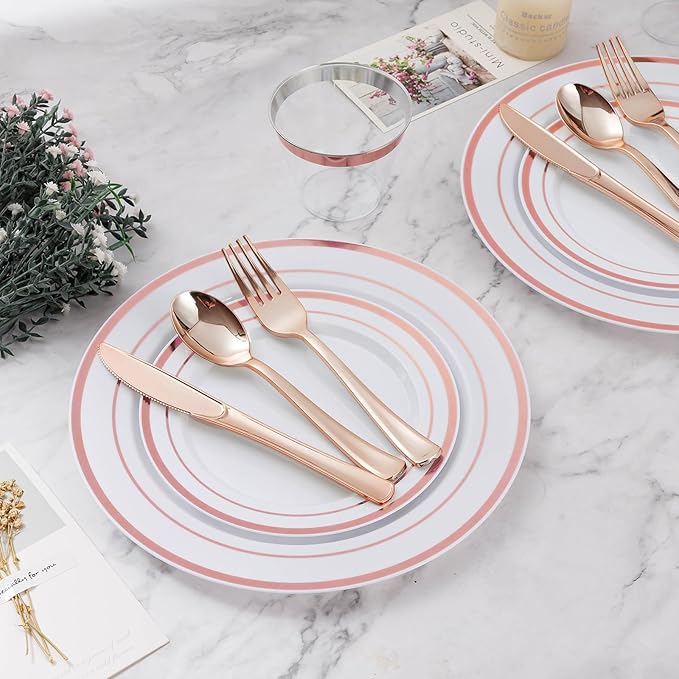 BESTVIP 600PCS Plastic Dinnerware Set (100 Guests), Rose Gold Disposable Plates for Party, Wedding, Christmas, Anniversary, Includes: Dinner Plates, Dessert Plates, Cups, Spoons, Forks and Knives