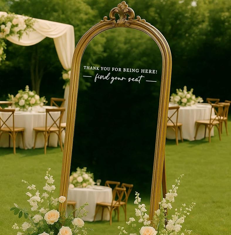 Seating Chart Sign, Wedding Mirror Decal, Thank You for Being Here Find Your Seat, Wedding Seating Chart Header Vinyl Decal, Your Seat Awaits Wedding Sign Decal, Mirror Sticker for Seating (White, Wide 20")