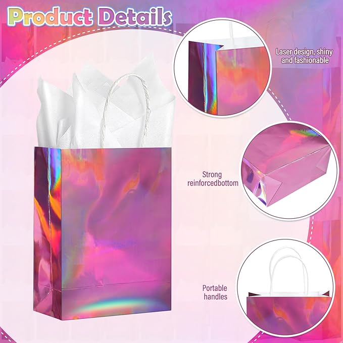 24 Pcs Iridescent Pink Gift Bags Decorations, Holographic Foil Party Favor Bags with Handles, Pink Paper Candy Goodie Bag with 24 Tissue Paper for Graduation Birthday Baby Shower Party Supplies