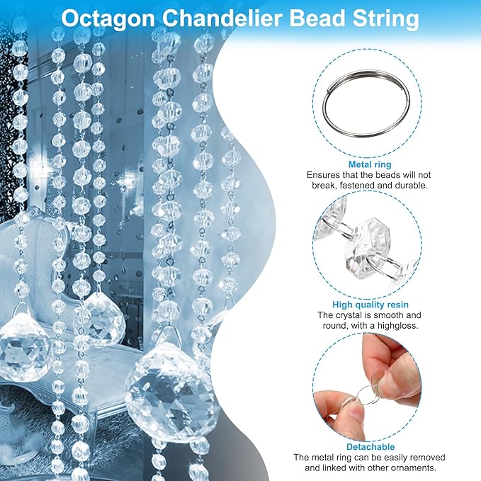 PATIKIL 14 mm Crystal Garland Strands, 98.4 Ft Acrylic Octagon Chandelier Bead Chains String for DIY Craft Wedding Party Home Decorative Jewelry Making, Clear