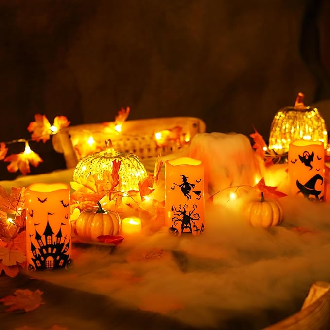 Homemory Halloween Candles, Orange Flameless Candles, Battery Operated Decals Plastic LED Pillar Candles with Remote Timers for Outdoor Day of The Dead, Halloween Spooky Decor, Waterproof, Set of 3