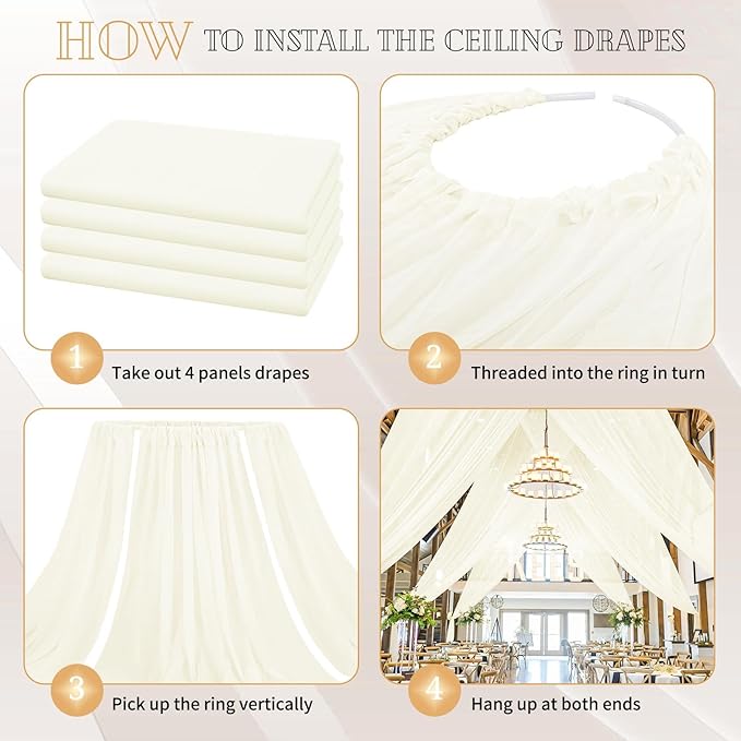 4 Panels Ivory Ceiling Drapes for Wedding 5ftx20ft Sheer Drapery Chiffon Fabric Arch Draping Curtains for Party Ceremony Birthday Baby Shower Reception Stage Ceiling Decorations