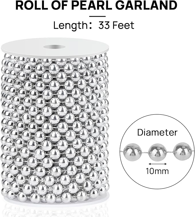 Craft String Pearls 10MM Pearl Bead, 33 Feet Silver Faux Pearl Garland Spool Roll Strand Wedding Party Decoration, Christmas Tree Decorations