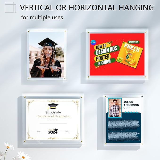 Acrylic Picture Frame for Wall, Clear Diploma Frame, No Drill Floating Frameless Photo Frame for Diploma Certificate Degree Document & Artworks Display, Graduation Gift for Students (1 Pack, 11X14 Straight edge)