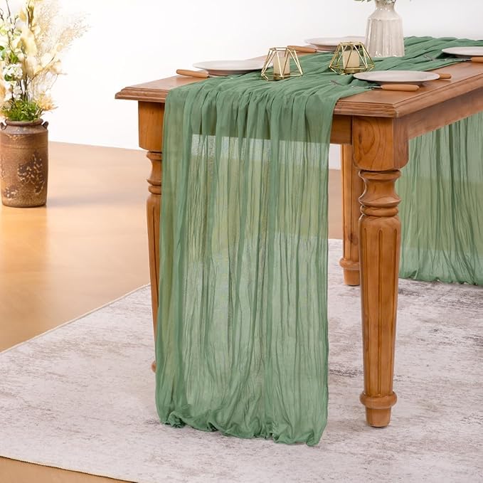 MLMW 2 Pack Sage Green Table Runner Cheesecloth Boho Gauze Rustic Cheese Cloth Table Runner 160 inch Sheer 13.3ft for Wedding Party Baby Bridal Shower Birthday
