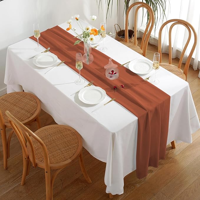 10 Pack 10 Ft Chiffon Table Runner Rust Gauze Long Table Runners 27x120 Inches Sheer Tulle Table Runner for Rustic Wedding Reception Bridal Shower Decorations Birthday Party