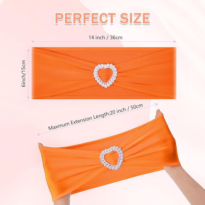 Howhic Pack of 120 Spandex Chair Sashes Bows Stretch Chair Cover Band with Buckle Slider Universal Elastic Chair Ties for Wedding Banquet Party Event Decoration (Orange)