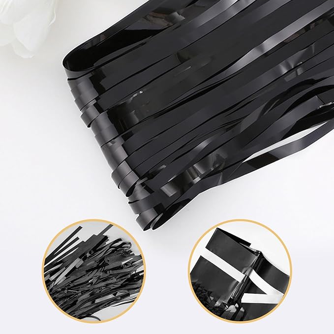 5 Pack Black Foil Curtain Backdrop 3.2ft x 9.8ft Metallic Tinsel Foil Fringe Curtains Streamer Photo Booth Backdrop for Birthday Party Engagement Bachelorette Party Decorations (Black)