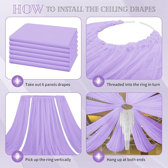 6 Panels Lavender Ceiling Drapes for Wedding 5ftx30ft Chiffon Fabric Arch Draping Curtains Sheer Drapery for Party Ceremony Birthday Baby Shower Reception Stage Swag Ceiling Decorations