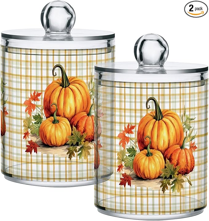 Gredecor 2 Pack Apothecary Jars with Lid Pumpkins Gingham Plaid Qtip Holder Dispenser Storage Containers Clear Plastic Rustic Fall Autumn Thanksgiving Theme Canisters for Bathroom Vanity Organization