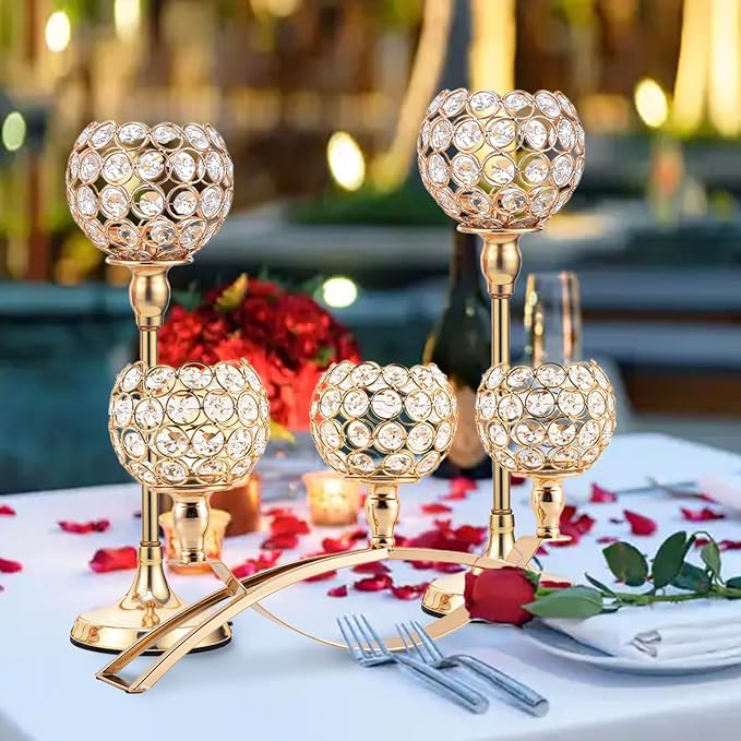 VINCIGANT Set of 3 Gold Candle Holders Wedding Table Centerpieces,Tealight Candlestick Candelabra Stand with 3 Arms for Fireplace Home Living Room Decor,Valentine's Day Housewarming