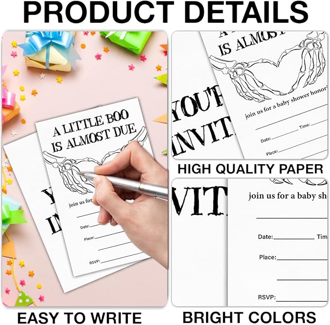 Halloween Baby Shower Party Invitations, Gothic Skeleton Spooky Baby Shower Party Fill in Invites Cards With Envelopes (20 Count) Double Sided Design, a Little Boo Is Almost Due