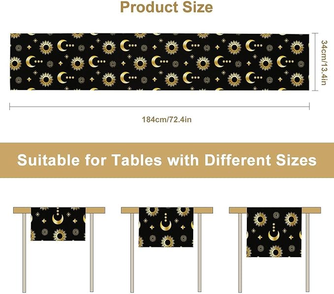 Magic Gold Sun Moon Stars Table Runner Mystical Farmhouse Rustic TableRunner for Party Holiday Dining Room Kitchen 13x60 Inch