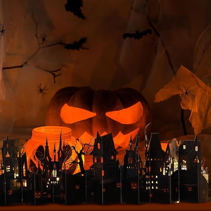 Geyoga Halloween Pop-up Card with 2 LED Lights 40" Halloween 3D Greeting Card Long Enchanted Eerie Village for Table Centerpiece Party Decoration