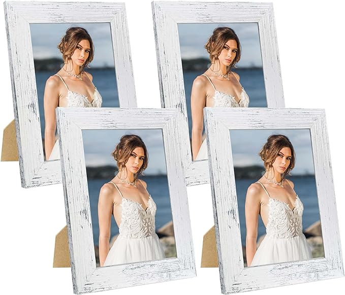 5x7 Picture Frame Set of 4, High Definition Glass Distressed White Frame, 5 x 7 Wood Photo Frames for Tabletop Display and Wall Mounting
