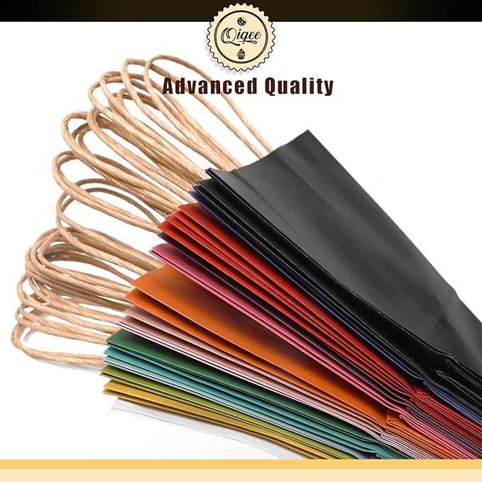 qiqee Medium Size Paper Gift Bags With Handles 10.6"x8.3"x4.3" 16 Solid Colors Party Favor Bags（16-Packs）