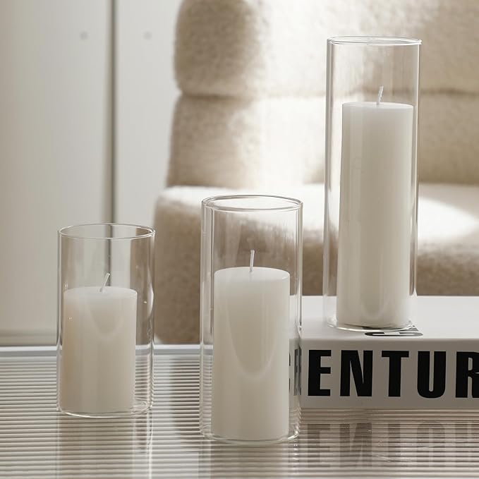 UDU Set of 12 White Pillar Candles and 12 Glass Cylinder Vases Hurricane Holders, Slim Pillar Candle Holder, Cylinder Vases for Centerpieces Wedding Table Party Home Decor(2.6" X 4.7", 5.9", 7.9")