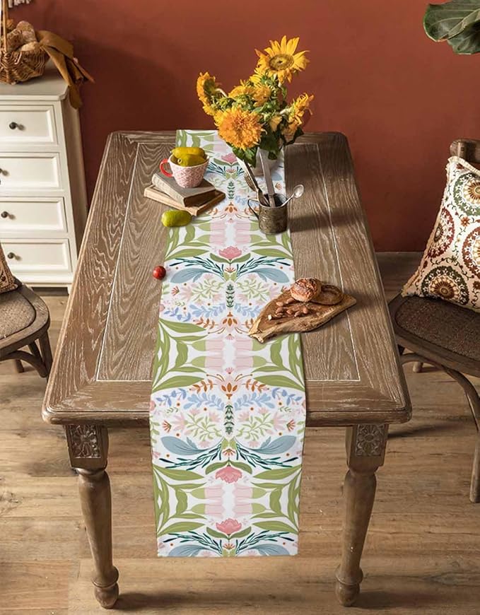 Green Blue Pink Boho Floral Cotton Linen Table Runner for Dining Kitchen, Wedding Outdoor Party Tablerunners Decoration, Retro Bohemian Botanical Dresser Scarf Coffee Tablecloth Runners 13x60 Inches