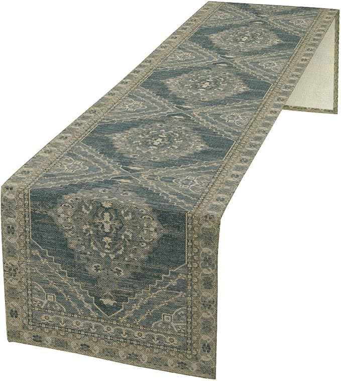 Boho Floral Vintage Table Runner, Blue Teal Retro Flower Rustic Country Farmhouse Pattern for Home Kitchen Table Decor Dining Coffee Room Party Decor 13x36in