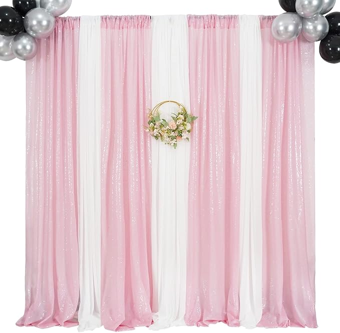 4Pcs 2Ft x 8Ft Pink Sequin Backdrop Curtains, Glitter Photography Background, Sequence Xmas Thanksgiving Backdrop (Pink, 4 pcs-2ftx8ft)