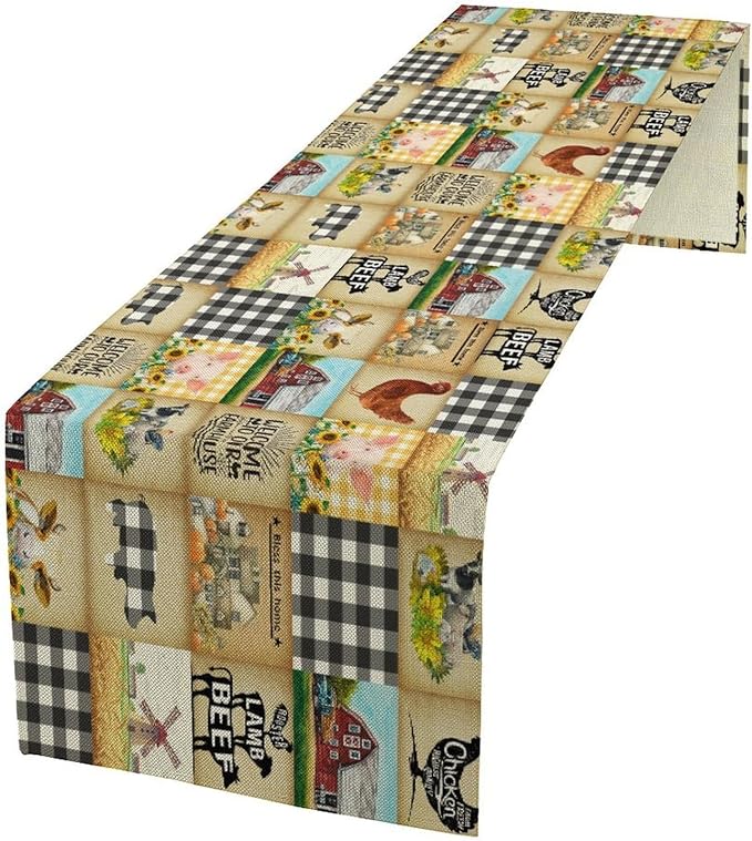 Farmhouse Animals Table Runner,Rustic Cabin Pig Chicken Cow Sunflowers Geometric Grids Burlap for Hotel Indoors Outdoor Dining Room Kitchen Holiday Party, 13x90in
