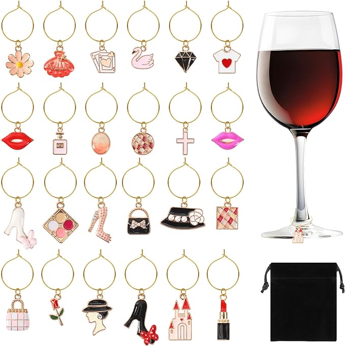 SANNIX 24pcs Wine Glass Charms - Funny Wine Glass Tags for Tasting Parties
