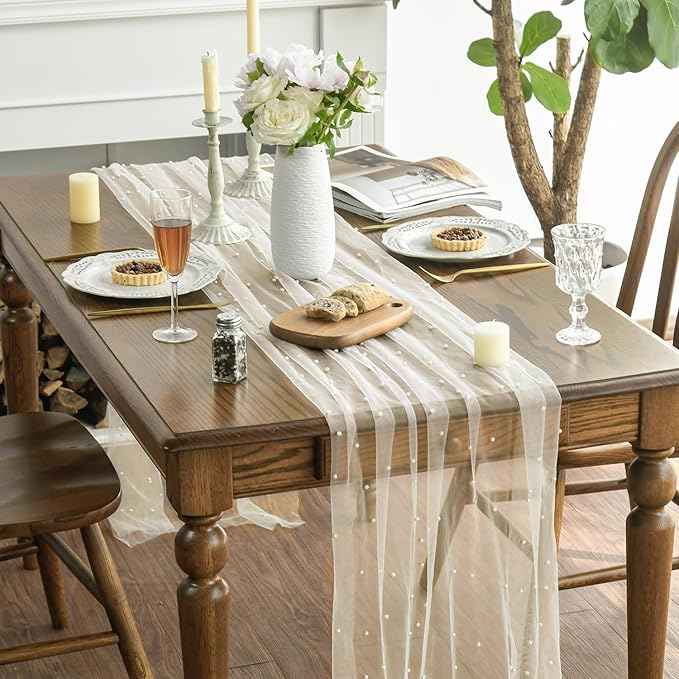 Artoid Mode Pearl Beige Gauze Table Runner 120 Inch 10FT, Seasonal Sheer Dining Holiday Wedding Birthday Baby Shower Table Decor for Home Party