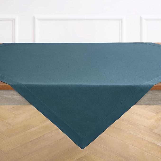 Solino Home Linen Square Tablecloth 52 x 52 Inch - 100% Pure Linen Peacock Blue Table Throw - Fete, Machine Washable Table Cloth