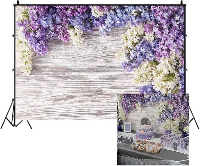 5x3ft Newborn Baby Wooden Plank Photography Backdrops Purple Lilac Flowers Bloom Bouquet Wooden Wall Girls Adults Portrait Photo Background Parties Events Decor Wallpaper Photo Studio Props