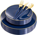 Liacere 150PCS Blue Plastic Plates - Gold Plastic Silverware with Blue Handle - Navy Disposable Plates Include 30 Guests Plates,Forks,Spoons,Knives for Wedding & Party & Halloween