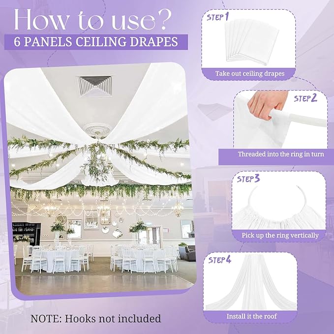 White Ceiling Drapes for Wedding, 5ftx20ft Sheer Fabric Curtain, Wedding Arch Draping, Romantic Decorations for Party Ceremony Stage
